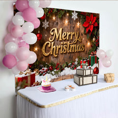 Lofaris Toile de Fond de F¨ºte Joyeux No?l en Bois Rustique, avec Texte Dor¨¦, Baies de Houx et Neige, pour D¨¦coration de F¨ºte Festive