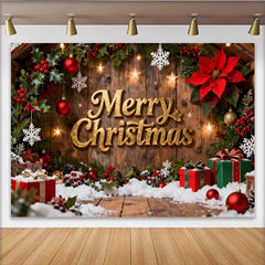 Lofaris Toile de Fond de F¨ºte Joyeux No?l en Bois Rustique, avec Texte Dor¨¦, Baies de Houx et Neige, pour D¨¦coration de F¨ºte Festive