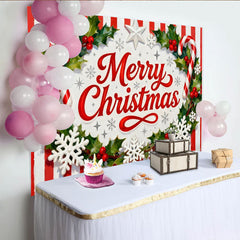 Lofaris Toile de Fond de Fête Joyeux Noël Houx et Baies Sucre d'Orge, Décoration de Fête Festive à Rayures Rouges et Blanches