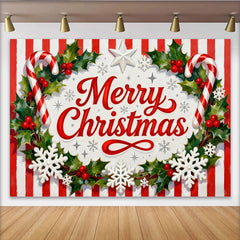 Lofaris Toile de Fond de Fête Joyeux Noël Houx et Baies Sucre d'Orge, Décoration de Fête Festive à Rayures Rouges et Blanches