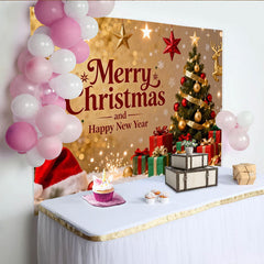 Lofaris Toile de Fond de Fête Joyeux Noël et Bonne Année Paillettes Or avec Arbre et Cadeaux, Décoration de Fête Festive
