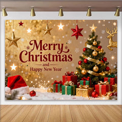 Lofaris Toile de Fond de Fête Joyeux Noël et Bonne Année Paillettes Or avec Arbre et Cadeaux, Décoration de Fête Festive