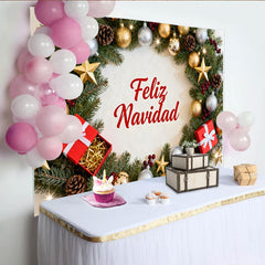 Lofaris Toile de Fond de Fête Festive Couronne de Noël Feliz Navidad, Ornements Or et Argent pour Décoration de Fête