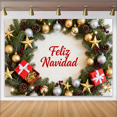 Lofaris Toile de Fond de F¨ºte Festive Couronne de No?l Feliz Navidad, Ornements Or et Argent pour D¨¦coration de F¨ºte