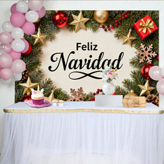 Lofaris Toile de Fond de Fête de Vacances Feliz Navidad avec Ornements Festifs Rouges et Or, Branches de Pin et Boîtes Cadeaux