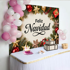 Lofaris Toile de Fond de Fête de Vacances Feliz Navidad avec Ornements Festifs Rouges et Or, Branches de Pin et Boîtes Cadeaux