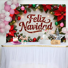 Lofaris Toile de Fond de Fête de Noël Feliz Navidad avec Poinsettias, Branches de Pin et Cadeaux Festifs