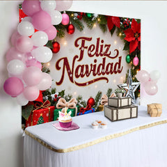 Lofaris Toile de Fond de Fête de Noël Feliz Navidad avec Poinsettias, Branches de Pin et Cadeaux Festifs
