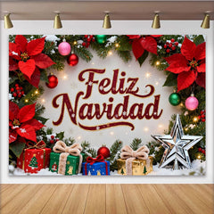 Lofaris Toile de Fond de Fête de Noël Feliz Navidad avec Poinsettias, Branches de Pin et Cadeaux Festifs