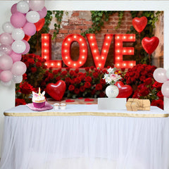 Lofaris Toile de Fond de Fête Lettres LOVE Illuminées Rouges et Ballons Cœur en Roses, Décoration d'Anniversaire Romantique de la Saint-Valentin