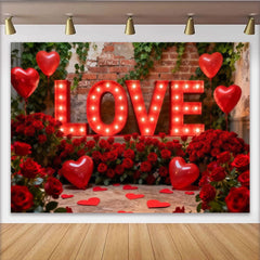 Lofaris Toile de Fond de Fête Lettres LOVE Illuminées Rouges et Ballons Cœur en Roses, Décoration d'Anniversaire Romantique de la Saint-Valentin