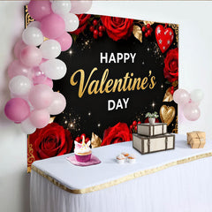 Lofaris Toile de Fond de F¨ºte ¨¦l¨¦gante Bonne Saint-Valentin Noir et Or, D¨¦coration Romantique Roses Rouges et C?urs Paillet¨¦s