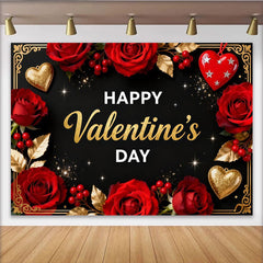 Lofaris Toile de Fond de F¨ºte ¨¦l¨¦gante Bonne Saint-Valentin Noir et Or, D¨¦coration Romantique Roses Rouges et C?urs Paillet¨¦s