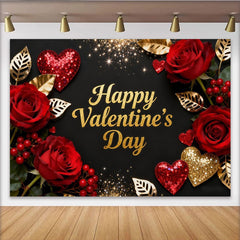 Lofaris Toile de Fond de Fête Élégante Bonne Saint-Valentin Noir et Or Paillettes, Décoration Romantique Roses Rouges et Cœurs