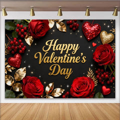 Lofaris Toile de Fond de F¨ºte Bonne Saint-Valentin Noir et Or Paillettes avec Roses Rouges et C?urs, D¨¦coration de C¨¦l¨¦bration Romantique