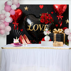 Lofaris Toile de Fond de F¨ºte Ballon C?ur d'Amour Noir et Or avec Roses Rouges, D¨¦coration ¨¦l¨¦gante C¨¦l¨¦bration Saint-Valentin