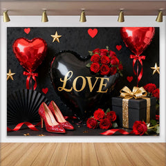 Lofaris Toile de Fond de F¨ºte Ballon C?ur d'Amour Noir et Or avec Roses Rouges, D¨¦coration ¨¦l¨¦gante C¨¦l¨¦bration Saint-Valentin