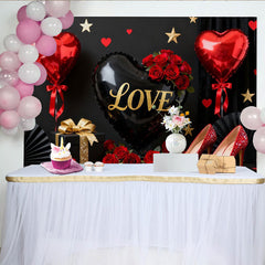Lofaris Toile de Fond de Fête Ballons Cœur d'Amour Noirs et Rouges, Roses Paillettes Or, Élégante Célébration Saint-Valentin
