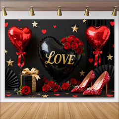 Lofaris Toile de Fond de Fête Ballons Cœur d'Amour Noirs et Rouges, Roses Paillettes Or, Élégante Célébration Saint-Valentin
