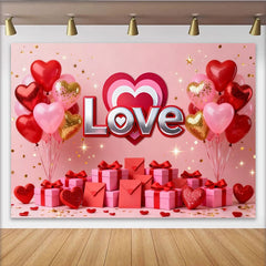 Lofaris Toile de Fond de Fête Ballons Cœur d'Amour Rouge Rose Or et Cadeaux, Décoration Romantique Anniversaire Saint-Valentin