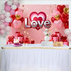 Lofaris Toile de Fond de Fête Ballons Cœur Roses et Rouges avec Texte Love, Décoration Romantique Fiançailles Anniversaire Saint-Valentin