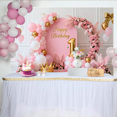 Lofaris Toile de Fond de F¨ºte Joyeux 1er Anniversaire Rose et Or, D¨¦coration de C¨¦l¨¦bration Princesse ¨¦l¨¦gante Arche Florale et Ballons