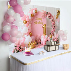Lofaris Toile de Fond de F¨ºte Joyeux 1er Anniversaire Rose et Or, D¨¦coration de C¨¦l¨¦bration Princesse ¨¦l¨¦gante Arche Florale et Ballons