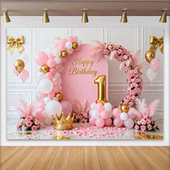 Lofaris Toile de Fond de F¨ºte Joyeux 1er Anniversaire Rose et Or, D¨¦coration de C¨¦l¨¦bration Princesse ¨¦l¨¦gante Arche Florale et Ballons