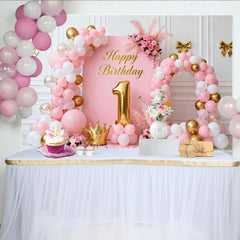 Lofaris Toile de Fond de Fête Douce Joyeux 1er Anniversaire Rose et Or avec Ballons, Couronne et Fleurs pour Bébé Fille