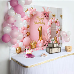 Lofaris Toile de Fond de Fête Douce Joyeux 1er Anniversaire Rose et Or avec Ballons, Couronne et Fleurs pour Bébé Fille