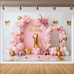 Lofaris Toile de Fond de Fête Douce Joyeux 1er Anniversaire Rose et Or avec Ballons, Couronne et Fleurs pour Bébé Fille