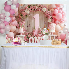 Lofaris Toile de Fond de F¨ºte ¨¦l¨¦gante Premier Anniversaire Florale Rose et Blanc, avec Num¨¦ro Un, Ballons et Papillons