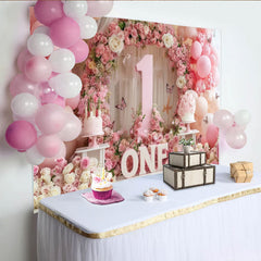 Lofaris Toile de Fond de F¨ºte ¨¦l¨¦gante Premier Anniversaire Florale Rose et Blanc, avec Num¨¦ro Un, Ballons et Papillons