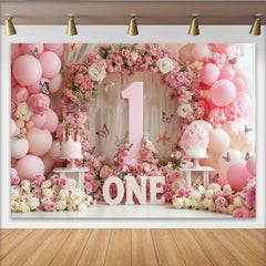 Lofaris Toile de Fond de F¨ºte ¨¦l¨¦gante Premier Anniversaire Florale Rose et Blanc, avec Num¨¦ro Un, Ballons et Papillons