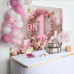 Lofaris Toile de Fond de F¨ºte Premier Anniversaire ONE Florale Rose et Blanc, ¨¦l¨¦gante D¨¦coration C¨¦l¨¦bration B¨¦b¨¦ Fille Papillons Or