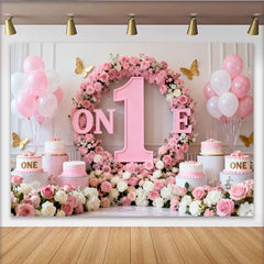 Lofaris Toile de Fond de F¨ºte Premier Anniversaire ONE Florale Rose et Blanc, ¨¦l¨¦gante D¨¦coration C¨¦l¨¦bration B¨¦b¨¦ Fille Papillons Or
