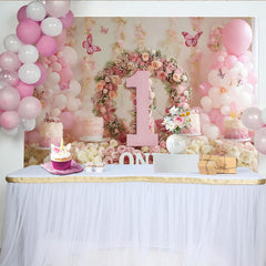 Lofaris Toile de Fond de F¨ºte ¨¦l¨¦gante Couronne Florale Rose Num¨¦ro Un avec Ballons et Papillons, Premier Anniversaire B¨¦b¨¦ Fille