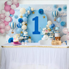 Lofaris Toile de Fond de F¨ºte Premier Anniversaire Montgolfi¨¨re R¨ºveuse Bleu et Blanc, C¨¦l¨¦bration Ciel Nuages et ¨¦toiles