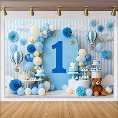 Lofaris Toile de Fond de F¨ºte Premier Anniversaire Montgolfi¨¨re R¨ºveuse Bleu et Blanc, C¨¦l¨¦bration Ciel Nuages et ¨¦toiles