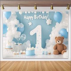Lofaris Toile de Fond de F¨ºte Joyeux Premier Anniversaire Nuages et Ballons Bleu et Blanc, D¨¦coration de C¨¦l¨¦bration Num¨¦ro Un