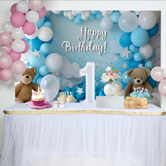 Lofaris Toile de Fond de Fête Joyeux Anniversaire Bleu et Blanc avec Numéro Un, Ours en Peluche et Ballons