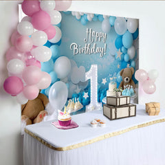 Lofaris Toile de Fond de F¨ºte Joyeux Anniversaire Bleu et Blanc avec Num¨¦ro Un, Ours en Peluche et Ballons