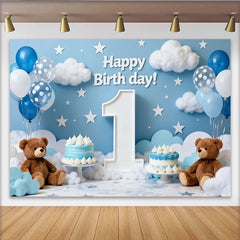 Lofaris Toile de Fond de Fête Joyeux Premier Anniversaire Ciel Bleu avec Nuages, Étoiles, Ballons et Ours en Peluche