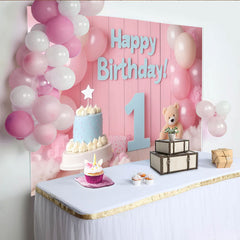 Lofaris Toile de Fond de F¨ºte Joyeux 1er Anniversaire Rose et Bleu avec Ballons, Gateau et Ours en Peluche, D¨¦coration Baby Shower