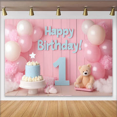 Lofaris Toile de Fond de Fête Joyeux 1er Anniversaire Rose et Bleu avec Ballons, Gâteau et Ours en Peluche, Décoration Baby Shower