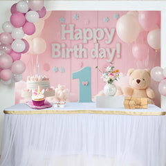 Lofaris Toile de Fond de F¨ºte Joyeux 1er Anniversaire Rose et Bleu avec Ballons et Gateau, D¨¦coration Ours en Peluche B¨¦b¨¦ Fille