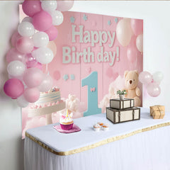 Lofaris Toile de Fond de F¨ºte Joyeux 1er Anniversaire Rose et Bleu avec Ballons et Gateau, D¨¦coration Ours en Peluche B¨¦b¨¦ Fille