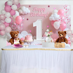 Lofaris Toile de Fond de F¨ºte Joyeux 1er Anniversaire Rose et Blanc avec Ours en Peluche et Ballons, Douce D¨¦coration C¨¦l¨¦bration B¨¦b¨¦ Fille