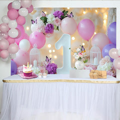 Lofaris Toile de Fond de Fête 1er Anniversaire Ballons Roses et Violets Fleurs avec Papillons, Élégante Célébration Bébé Fille