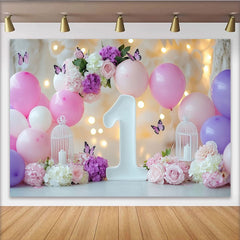 Lofaris Toile de Fond de Fête 1er Anniversaire Ballons Roses et Violets Fleurs avec Papillons, Élégante Célébration Bébé Fille